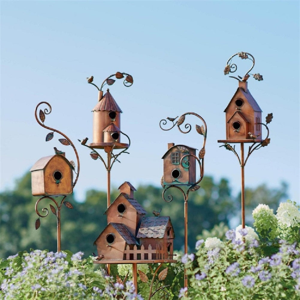 Metal Art Birdhouse on a Garden Stake for Outdoor Charm