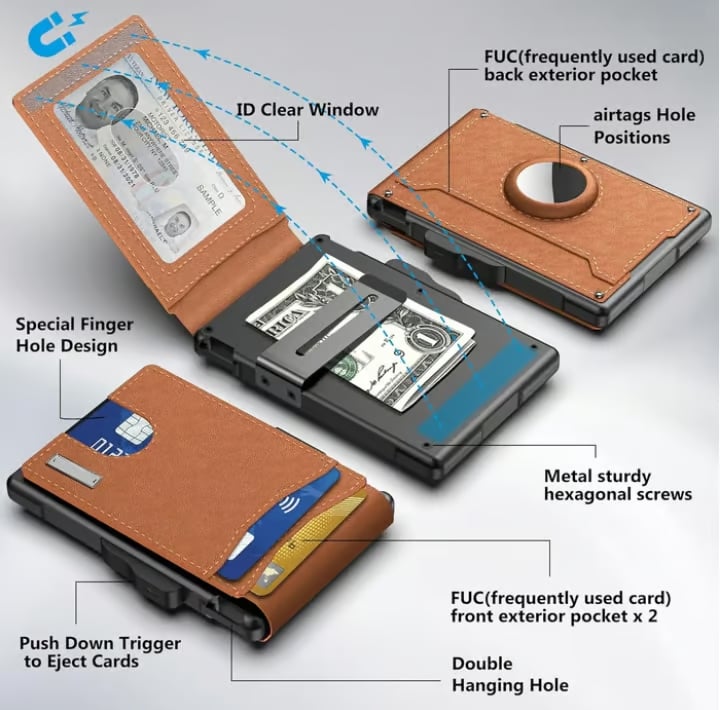 Pop-Up Aluminum Money Clip Wallet with RFID Protection and AirTag Slot