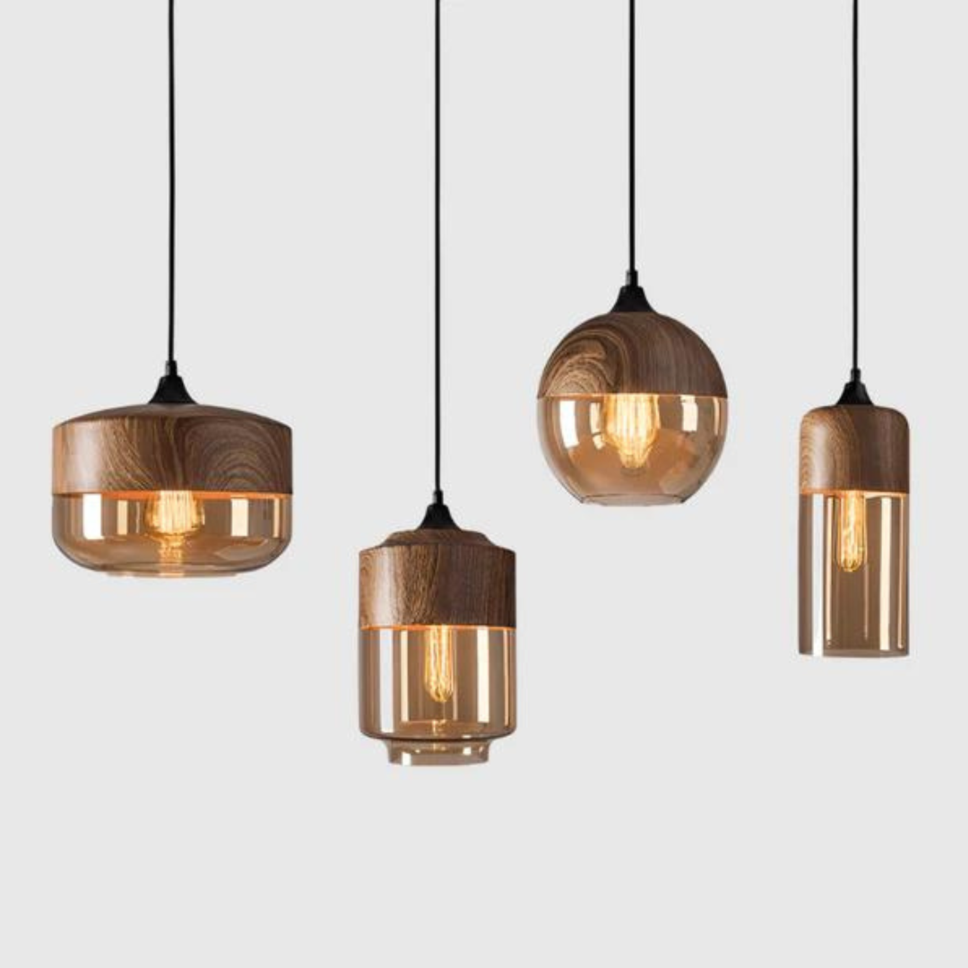 Scandinavian Chic Wooden Ceiling Light with Tinted Glass