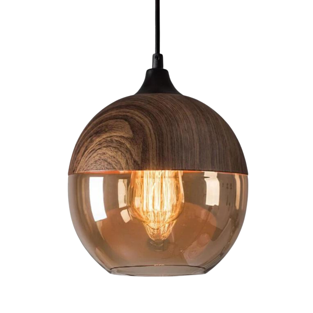Scandinavian Chic Wooden Ceiling Light with Tinted Glass