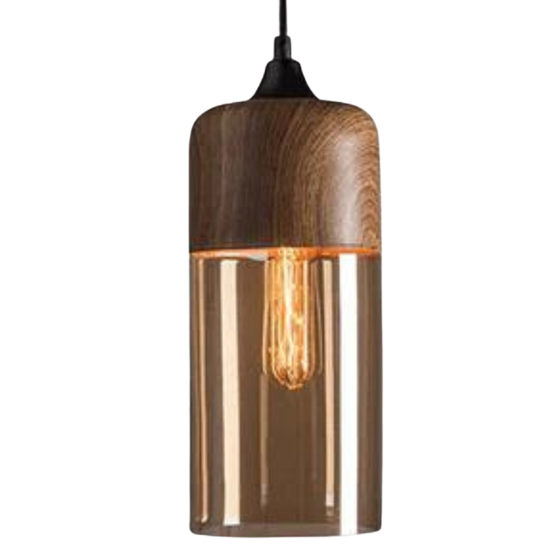 Scandinavian Chic Wooden Ceiling Light with Tinted Glass