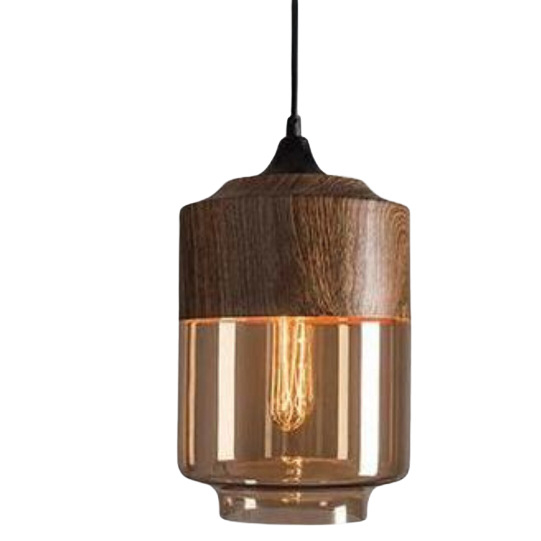 Scandinavian Chic Wooden Ceiling Light with Tinted Glass
